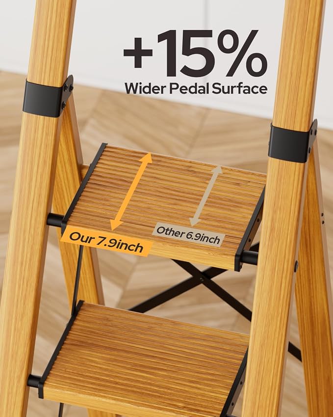 6 Step Ladder for 12ft High Ceiling, Lightweight Aluminum Folding Step Stool with Convenient Handgrip, Stepladders with Anti-Slip and Wide Pedal for Home and Kitchen Use - Woodgrain (300 lbs)