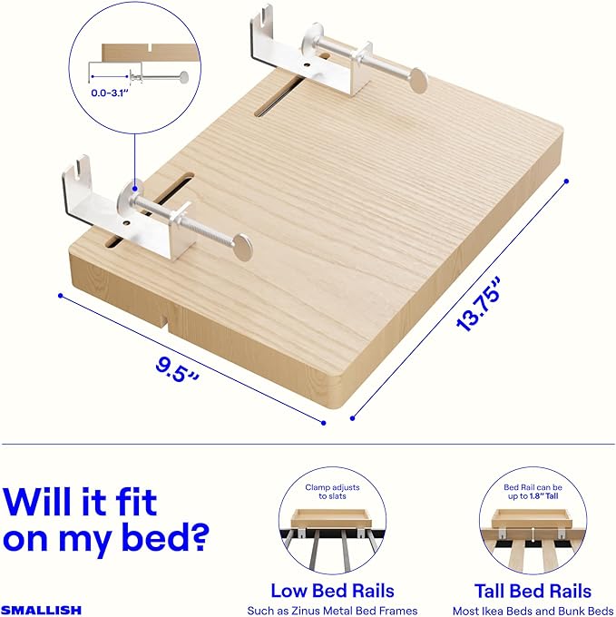 BedShelfie Wood Bedside Shelf for Bunk Bed & Top Bunk, College Dorm Room Essentials, Loft Nightstand, Floating Bed Side Table Tray Storage, Dorm Room Decor By Smallish - (DormEssential Wood, Natural)
