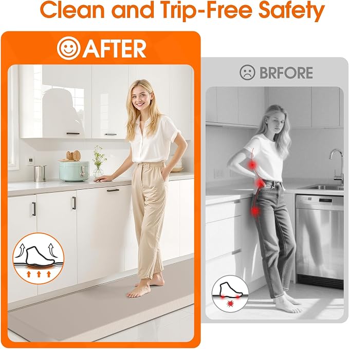 4/5 Inch Thicker Kitchen Mat, Cushioned Thick Floor Comfort Mat, with Non-Slip Bottom, Water & Stain Resistant, Easy Clean Standing Desk Mat for Kitchen, Sink, Office (17.3"x60"x0.8", Khaki)