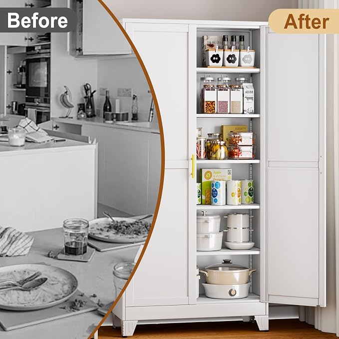 75" White Tall Metal Garage Storage Cabinet with 2 Doors and 5 Adjustable Shelves,Kitchen Pantry Cabinet,File Cabinet,Steel Tool Cabinet for Home,Office,Garage,School,Warehouse