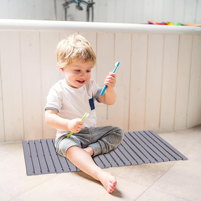 Bath Mat Bathroom Rugs Floor Wood Shower Bathtub Waterproof Non Slip Accessories 16x24 Inch Easy to Clean, Grey, 1 pc