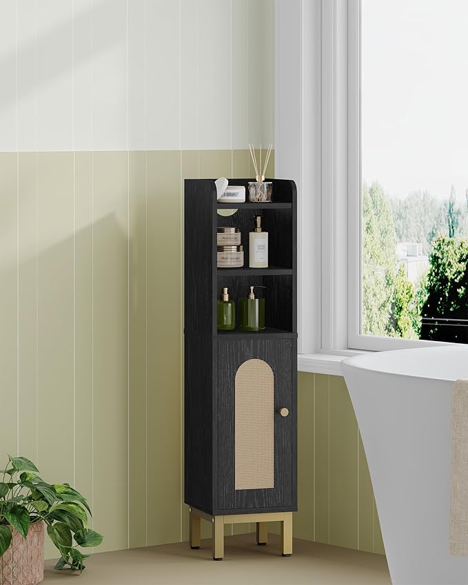 Hzuaneri Bathroom Storage Cabinet, Small Corner Floor Cabinet with Door and Shelves, Narrow Toilet Paper Holder, Bathroom Organizer with Adjustable Shelf, for Small Spaces, Rattan Black BC08204Y