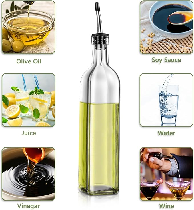 Leaflai Olive Oil Dispenser Bottle, 2 Pcs Glass Olive Oil Dispenser and Vinegar Dispenser Set with 2 Stainless Steel Pourers, 4 Labels,1 Brush and 1 Funnel Oil Bottles for Kitchen (500ml)