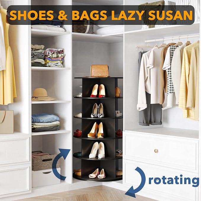 SpaceAid 5 Tier Rotating Shoe Rack Tower, Spinning Shoe Display Lazy Susan, Revolving 360 Shoe Rack Storage Round Carousel, Vertical Handbag Rotate Shoes Closet Organization (5-Tier Black)