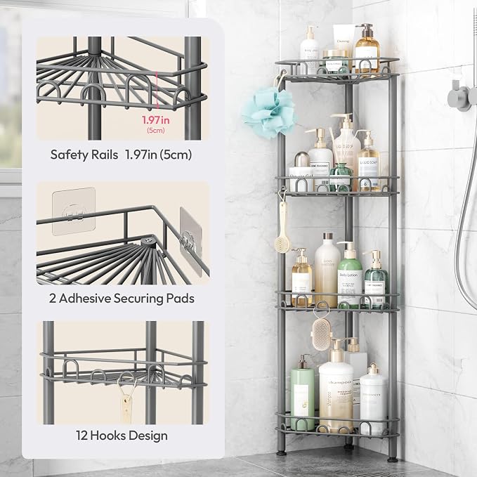 SWTYMIKI Standing Shower Caddy Corner - 4‑Tier Stainless Steel Shower Organizer Shelf with 12 Hooks and Adhesive Pads, Rustproof Corner Shelves Stand Rack for Bathroom Shower Room, Gray