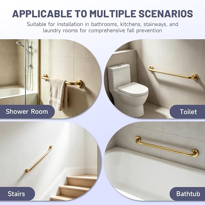 36 Inch Shower Grab Bar, Brushed Gold Anti Slip Safety Bars, 304 Stainless Steel Bathroom Handrail, Handicap Grab Bars for Wall, Shower Grip Handle for Seniors Elderly Injury Assist Bath (1.25" Dia)