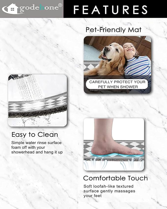 godehone Shower Mats Non Slip Without Suction Cups, PVC Loofah Bathroom Mats, Loofah Mats for Shower and Bathroom, Quick Drying, 15.7× 36 Inch, Grey Geometric