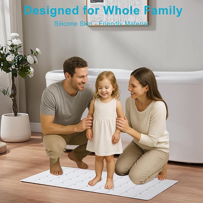Webos Non-Slip Bath Mat for Tub & Shower：Silicone Foldable Bathtub Mat with Strong Suction Cups, Quick Drain Holes, Machine Washable Extra Large Bathroom Mats 35.8" x 17.7", White