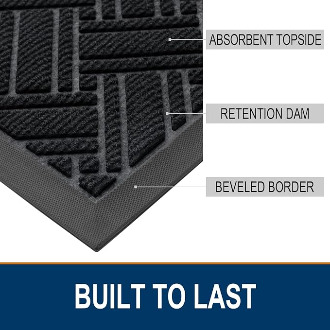 OLANLY Indoor Outdoor Mat, Sturdy Natural Rubber Floor Mat, Non Slip Low Profile Waterproof Doormat, and Stain Front Door Mats, Easy Clean Patio Entrance Mat, 36''x24'', Black