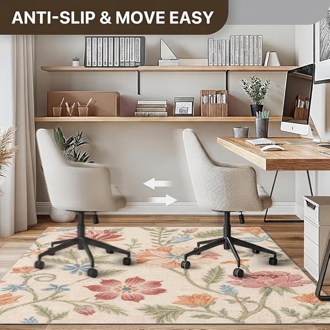 48"x72" Office Chair Mat for Hardwood Tile Floor, Under Desk Carpet Protector for Rolling Computer Chair Mat, Machine Washable Area Rug, Anti-Slip 1/5" Thick Low Pile Thin Vinyl Floor Mat, Blush Cream