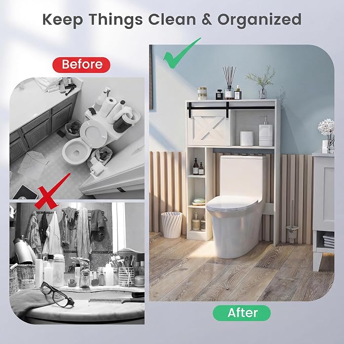 Giantex Over The Toilet Storage Cabinet - Freestanding Bathroom Organizer with Sliding Barn Door & Storage Shelves, Multifunctional Toilet Rack for Restroom, Laundry (White)