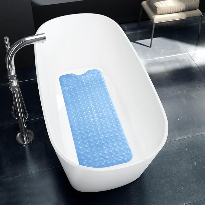 LUX Décor Non-Slip Bathtub Mat, Extra Large 40x16 Inches – Anti-Slip Safety Shower Mat with Suction Cups & Drain Holes – Machine Washable Bath Mat – Clear Blue