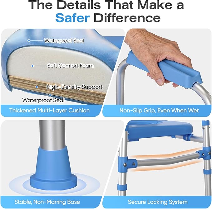 Padded Toilet Seat Riser for Seniors FSA/HSA Eligible, Adjustable Safety Frame Raised Toilet Seat with Handles, Heavy Duty Bariatric Recovery Elderly Assistance Products, Fits Round & Elongated