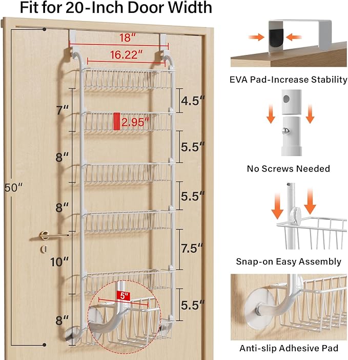 Delamu Over the Door Pantry Organizer, 6-Tier Pantry Organizers and Storage, Metal Cabinet Door Organizer, Hanging Spice Rack Shelves for Home & Kitchen, D5 x W18 x H50 inch, White