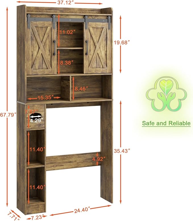 Vabches Over The Toilet Storage Cabinet, Farmhouse Storage Cabinet Over Toilet with Sliding Doors & Toilet Paper Holder Stand，Home Space-Saving Toilet Rack, for Bathroom, Restroom, Laundry
