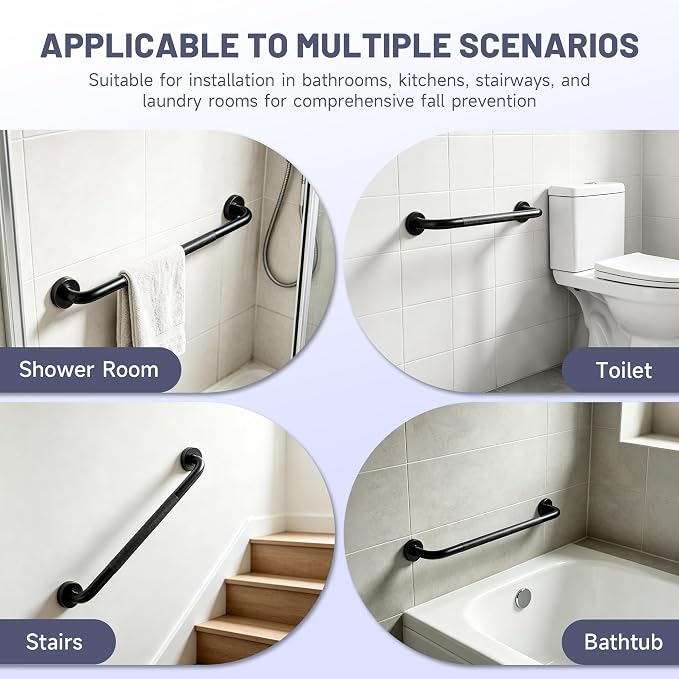 24 Inch Shower Grab Bar, XIANTHUS Black Anti Slip Safety Bars, 304 Stainless Steel Bathroom Handrail, Handicap Grab Bars for Wall, Shower Grip Handle for Seniors Elderly Injury Assist Bath (1.25" Dia)