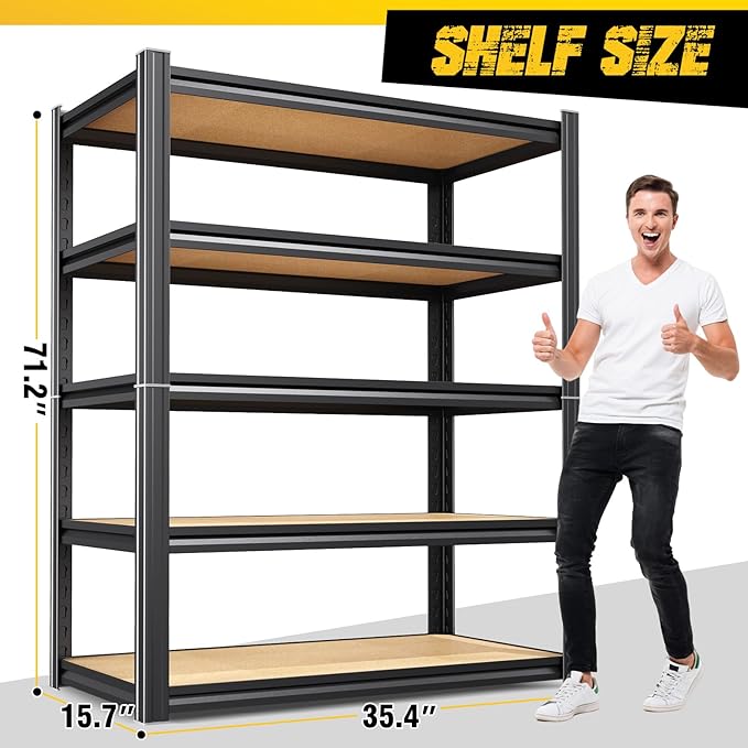 71"H x 35"W Heavy Duty Garage Shelving, 5-Tier Adjustable Metal Storage Shelves, Utility Steel Storage Rack for Garage, Warehouse, Pantry, Basement, Industrial & Workshop Organization,15.7"D