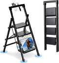 4 Step Ladder with Handrail Folding Step Stool with Tool Tray 500LBS Capacity Sturdy Carbon Steel Frame Anti-Slip Stripe Pedal for Home Kitchen Garage (black-4step)