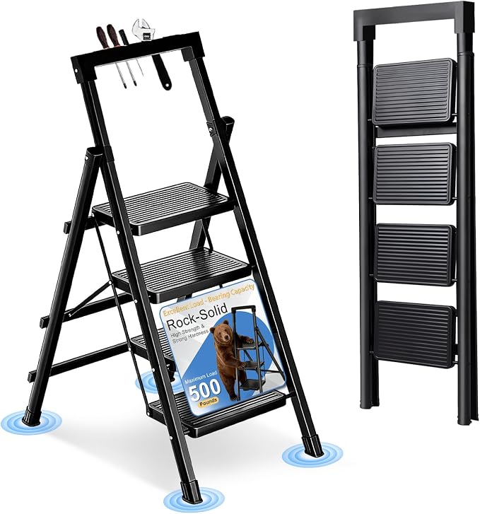 4 Step Ladder with Handrail Folding Step Stool with Tool Tray 500LBS Capacity Sturdy Carbon Steel Frame Anti-Slip Stripe Pedal for Home Kitchen Garage (black-4step)