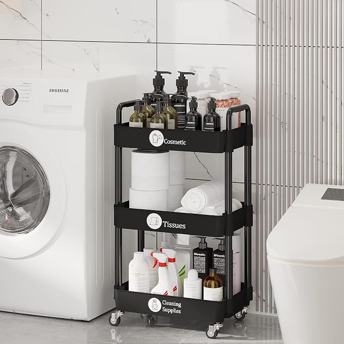 Laiensia 3-Tier Storage Carts,Multifunction Utility Rolling Cart Kitchen Storage Organizer,Mobile Shelving Unit Cart with Lockable Wheels for Bathroom,Laundry,Living Room,With Classified Sticker,Black