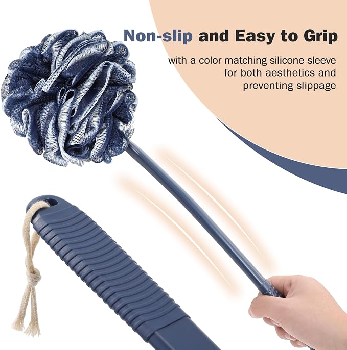 Loofah With Handle Back Scrubber for Shower, Non-Slip 17" Plastic Handle, Hand Shower & Loofah on a Stick Sponge Set, Deep Blue With White Edge