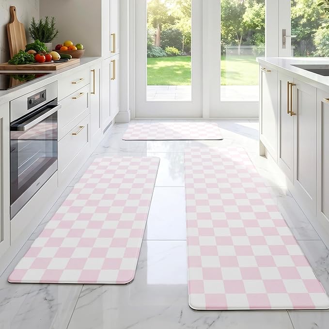 Pink Checkered Grid Checkerboard Kitchen Rug Sets [3 PCs], Anti-Fatigue, Waterproof Non-Slip Kitchen Mats Heavy Duty Ergonomic Comfort Foam Rug for Floor,Home,Laundry,17W x29/47/59" L