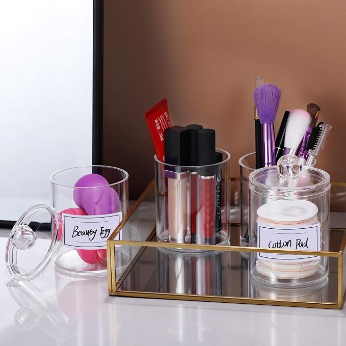 AOZITA 4 Pcs, Acrylic Qtip Holder Dispenser for Cotton Swab, Ball, Round Pads, Floss Picks - Clear Plastic Apothecary Jar Set for Bathroom Canister Storage Organization, Vanity Makeup Organizer