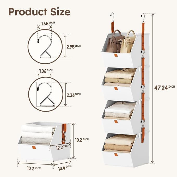 Homsorout Collapsible Hanging Closet Organizer - 6 Tier Closet Shelves Storage System with Hooks, Fabric Hanging Storage Bins for Clothes, Foldable Storage Basket for Laundry, Bedroom, Rv, White