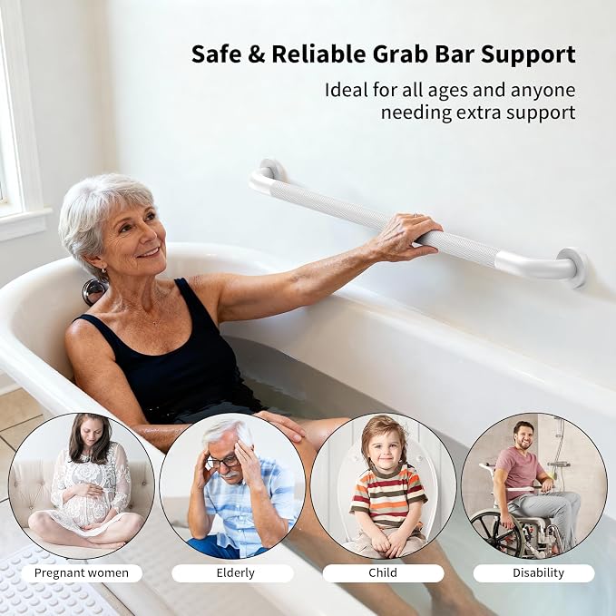White Shower Grab Bar 36 Inch - 1.25" Diameter, iHansee Bathroom Grab Bar w/Anti-Slip Knurled Grip, Stainless Steel Bath Safety Bars for Senior Elderly, Wall Mounted Toilet Bathtub Balance Handrail