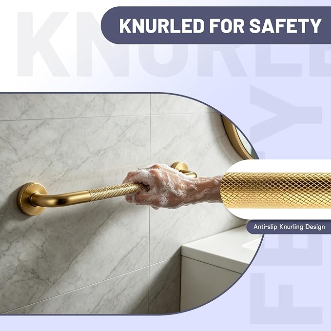 32 Inch Shower Grab Bar, Brushed Gold Anti Slip Safety Bars, 304 Stainless Steel Bathroom Handrail, Handicap Grab Bars for Wall, Shower Grip Handle for Seniors Elderly Injury Assist Bath (1.25" Dia)
