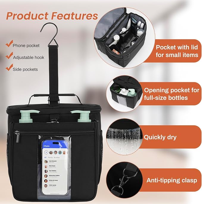 Shower Caddy Dorm Portable 2 Compartment Shower Bag Quick Dry,College Dorm Room Essentials for Guys Girls,Hanging Shower Organizer for Camping,Gym,Men,Women,Black