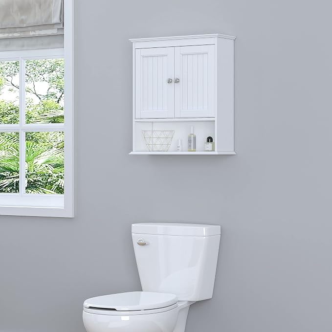 Spirich Bathroom Cabinet Wall Mounted with Doors, Wood Hanging Cabinet with Doors and Shelves Over The Toilet, Bathroom Wall Cabinet White
