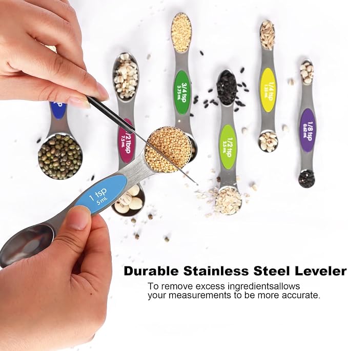 Multicolor Magnetic Measuring Spoons Set with Leveler - Stainless Steel, Stackable, Fits Spice Jars - For Baking Kitchen