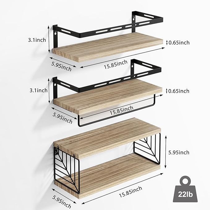 Fixwal Bathroom Shelves Over Toilet, Floating Shelves Wall Mounted with Metal Frame and Towel Bar for Bathroom, Kitchen, Bedroom, Living Room (3 Plus 1 Rustic Brown)