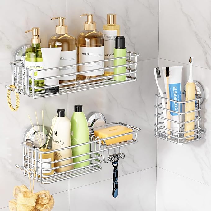 LEVERLOC Shower Caddy Suction Cup, 3 Pack Heavy Duty Bathroom Organizer For Inside Shower With Hooks & Soap Holder, Removable Bathroom Organizer, Rustproof Silver Holder Storage,Silver