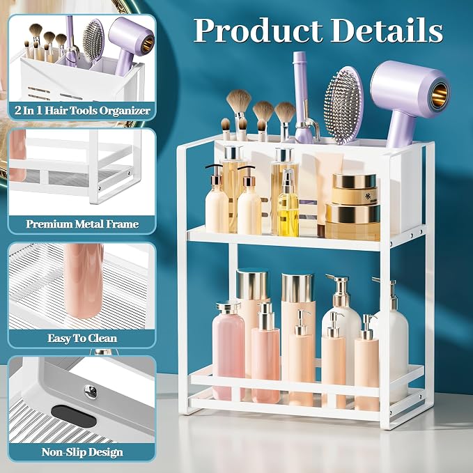 SanDream Hair Tool Organizer Bathroom Countertop, 2-Tier Metal Bathroom Organizer with Blow Dryer Holder, Large Capacity Space-Saving Vanity Shelf for Perfume, Skincare & Makeup Storage (White)