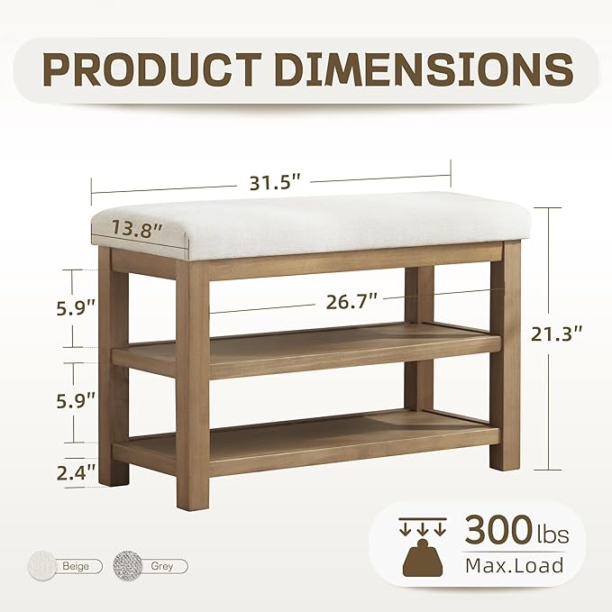 Zihanhome 2 Tier Shoe Rack Bench with Cushion, Solid Wood Shoe Benches, Mid-Century Modern Shoe Storage Bench for Entryway, Hallway, Living Room, Closet, Front Door Entrance, (Beige, 31.5")