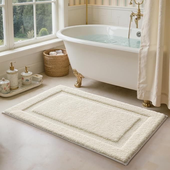 LUMI Ultra Soft Bathroom Rugs Non Slip with Rubber Backing, Absorbent Washable Bath Mat Quick Dry, Upgraded Premium Microfiber Plush Carpet for Bathtub and Shower Floor, Ivory White, 24x43