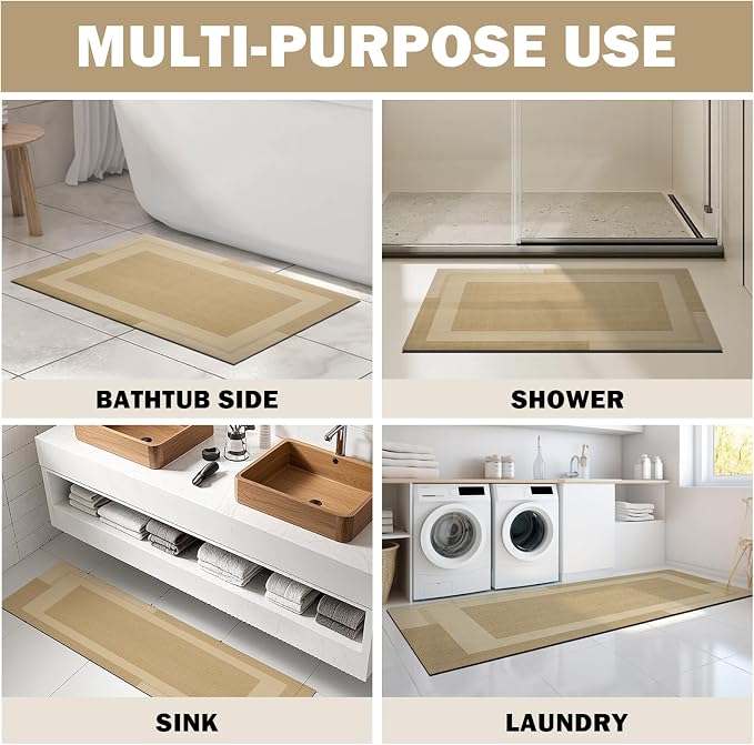 YDKGL Non Slip Bath Mat, Rubber Backing Ultra Thin Bathroom Rugs Fit Under Door Quick Dry Super Absorbent Washable Bath Rug Shower Mat for Bathroom Floor Bathtub Shower Sink, Easy Care Brown 24"x 35"