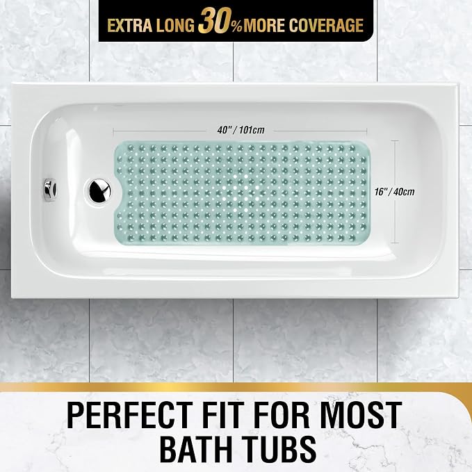 HITSLAM Bath Mat for Tub, Non Slip Bathtub Mat, 40 x 16 Inch Extra Long Bath Tub Mat, Machine Washable Bathroom Shower Mat with Suction Cups and Drain Holes, Soft on Feet, Clear Green