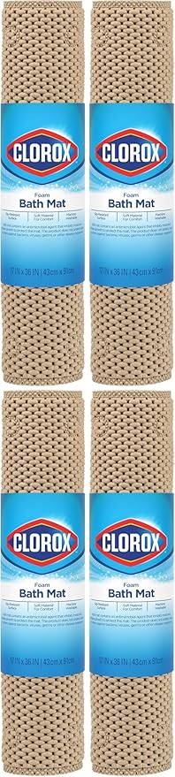 Duck Brand Clorox Cushioned Foam Bath Mat for Tubs, Non-Slip with Suction Cups, 17 Inches x 36 Inches, Taupe (Pack of 4)