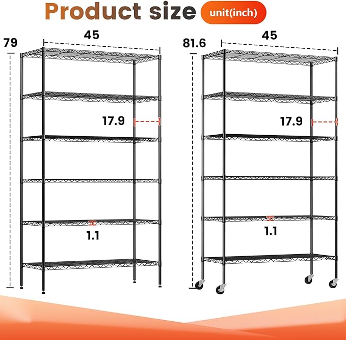 BestOffice | 6-Tier Wire Storage Shelves with Wheels | 18x45x82 | Black | Adjustable Racks | Heavy-Duty Metal Shelf, Holds Upto 2100 lbs | No-Tool Assembly | Ideal for Home & Garage Shelving