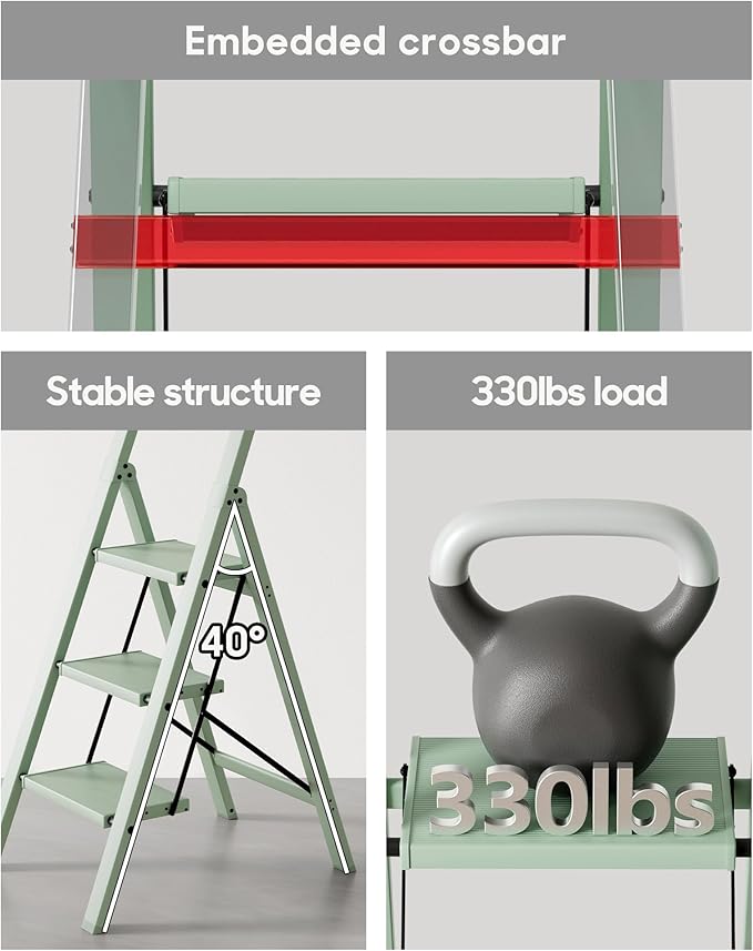HillhutApex 3 Step Foldable Aluminum Step Ladder with Handgrip, Anti-Slip Pedal, 330 lbs Capacity, Lightweight & Portable for Home, Kitchen, Office, Garage (Pale Green)