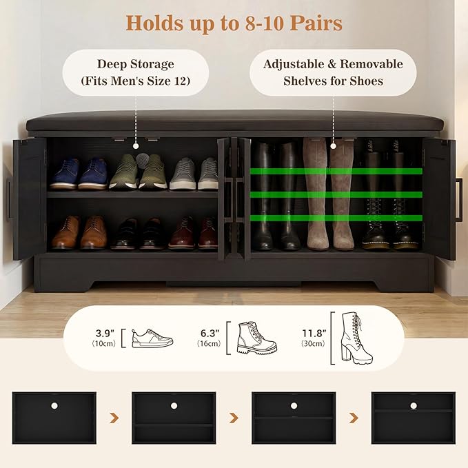 Farmhouse Shoe Storage Bench with Cushion - 43.3" Entryway Bench with Storage & 4 Barn Doors, 2-Tier Wooden Shoe Rack Bench, Hidden Shoe Cabinet & Mudroom Bench for Bedroom Hallway Living Room, Black