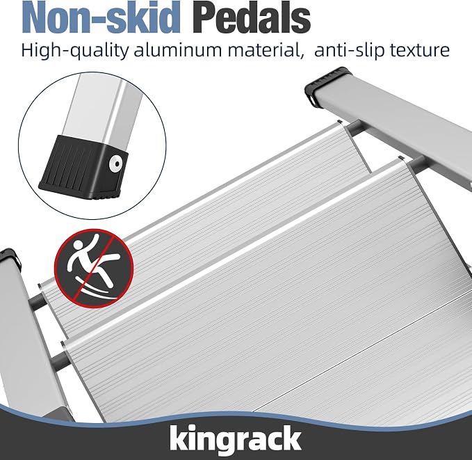KINGRACK Aluminum Step Ladder, 2 Step Ladder Folding Design, Step Stool Foldable with Safe Grip, Non-Slip Handrails, Safety Lock, Heavy Duty 330LBS for Home, Kitchen, Garage, RV, Sliver