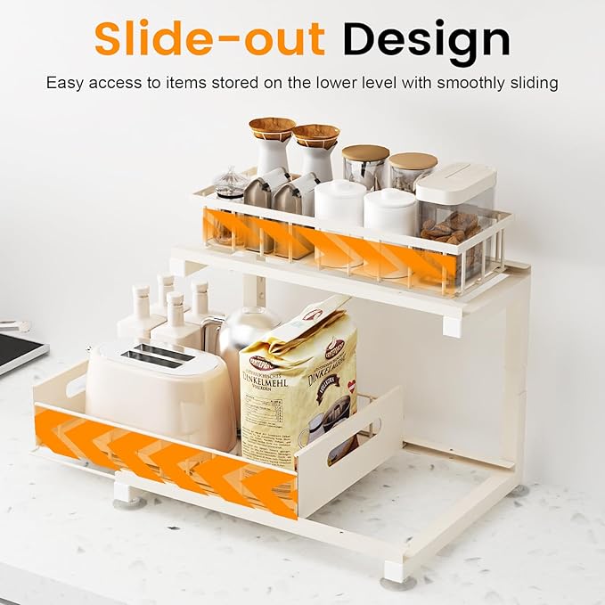 Under Sink Organizer, Heavy Duty Metal Pull Out Cabinet Organizer Slide Out Sink Shelf Organizer Height Adjustable, Multi-Purpose Storage Shelf for Kitchen Bathroom(Sand,2Pack)