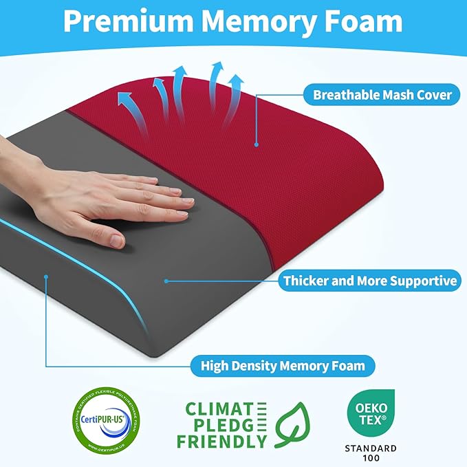 TranquilRelax Large Seat Cushion, Memory Foam Cushion for Long Sitting Hours on Office Chair, Home & Car, Non-Slip Chair Pad for Relieving Back & Sciatica & Hip & Coccyx Pain (Red)