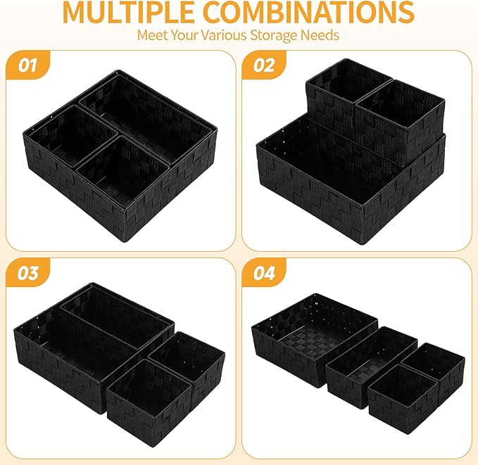 Posprica Small Black Baskets Cube Bin Container Tote,Woven Storage Baskets for Organizing Organizer Divider for Drawer, Closet, Shelf, Dresser, Set of 4