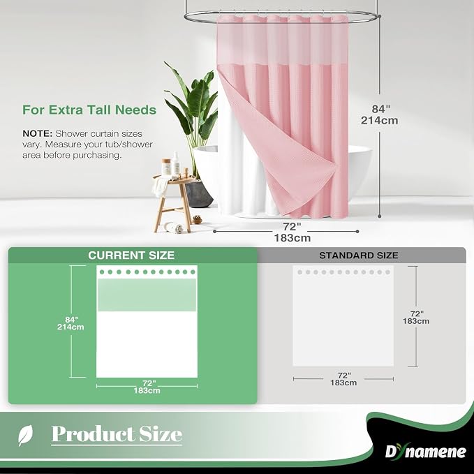 Dynamene Extra Long Shower Curtain, 84 Inch Long Waffle Fabric Shower Curtain for Bathroom, Tall Waterproof Cloth Shower Curtain Liner Set with Hook, Snap in Liner, Mesh Top Window, Pink, 72x84