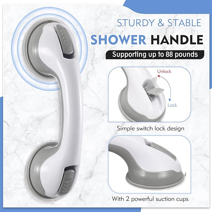 Grab Bars for Bathtubs and Showers, 12 Inch Shower Handle Strong Suction Cup Grab Bar for Shower Chair Stool, Bathroom Safety Bar for Seniors, Elderly, Handicap (2 Pack)